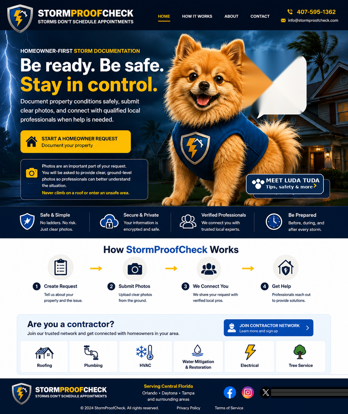 StormProofCheck homeowner-first homepage with Luda Tuda the watchdog, homeowner request button, safety information, how it works, and contractor network access.