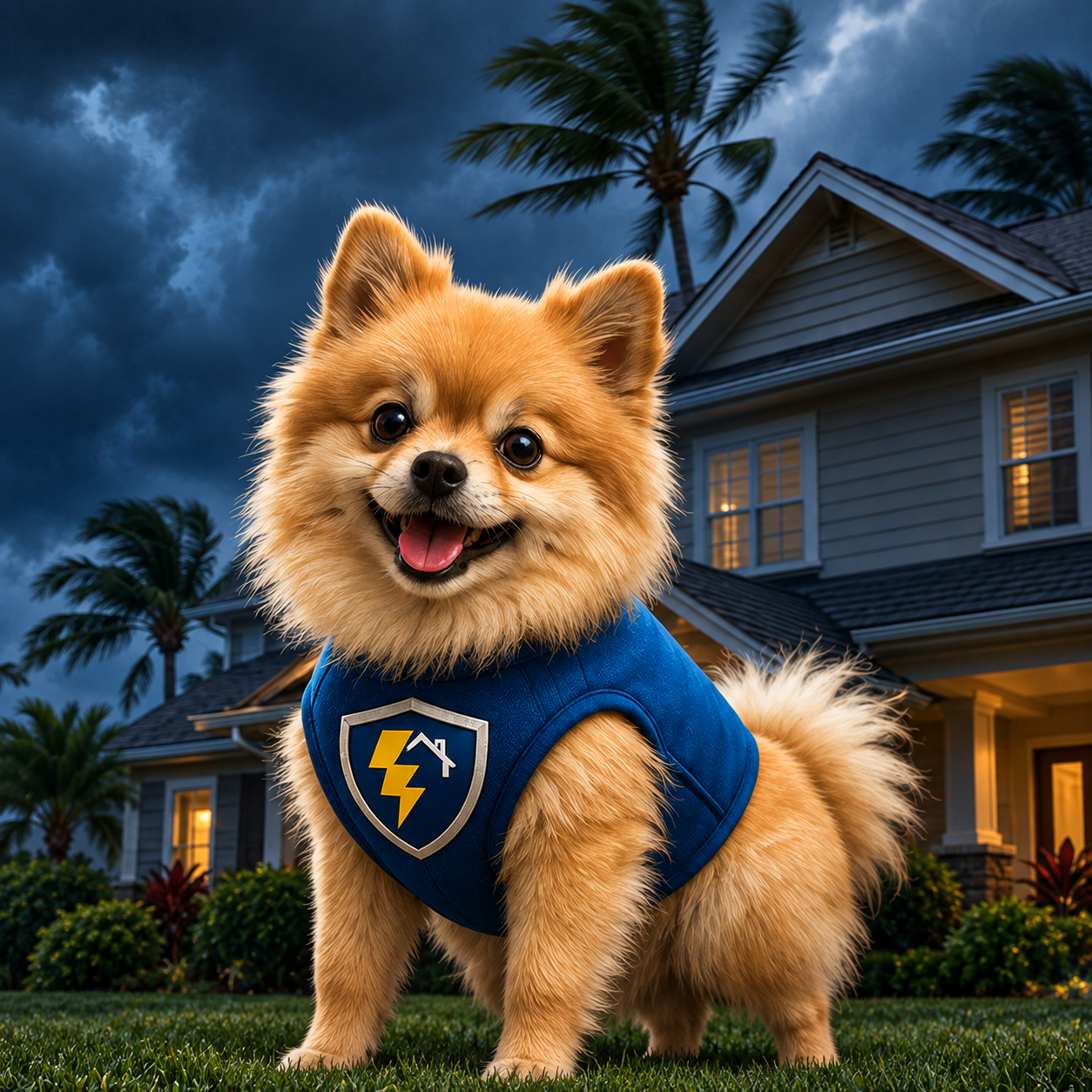 Luda Tuda, the StormProofCheck watchdog, in front of a Florida home