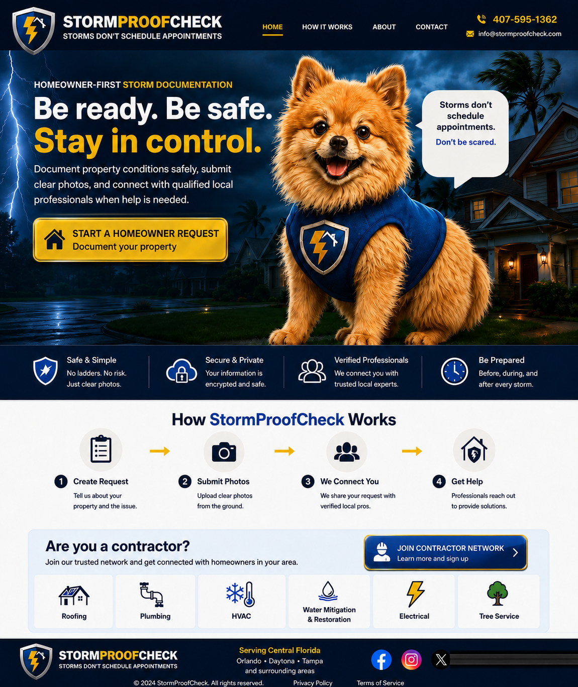 StormProofCheck homeowner-first homepage with Luda Tuda the watchdog, homeowner request button, safety information, how it works, and contractor network access.
