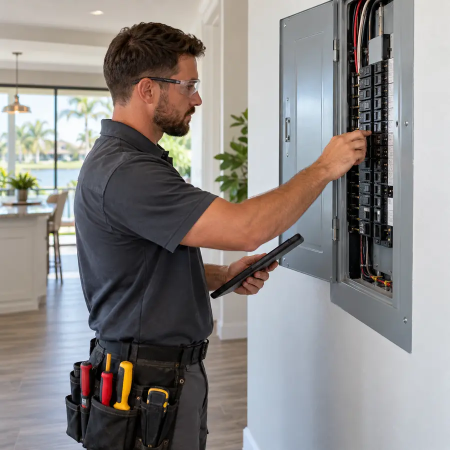 Electrician inspecting a residential electrical panel