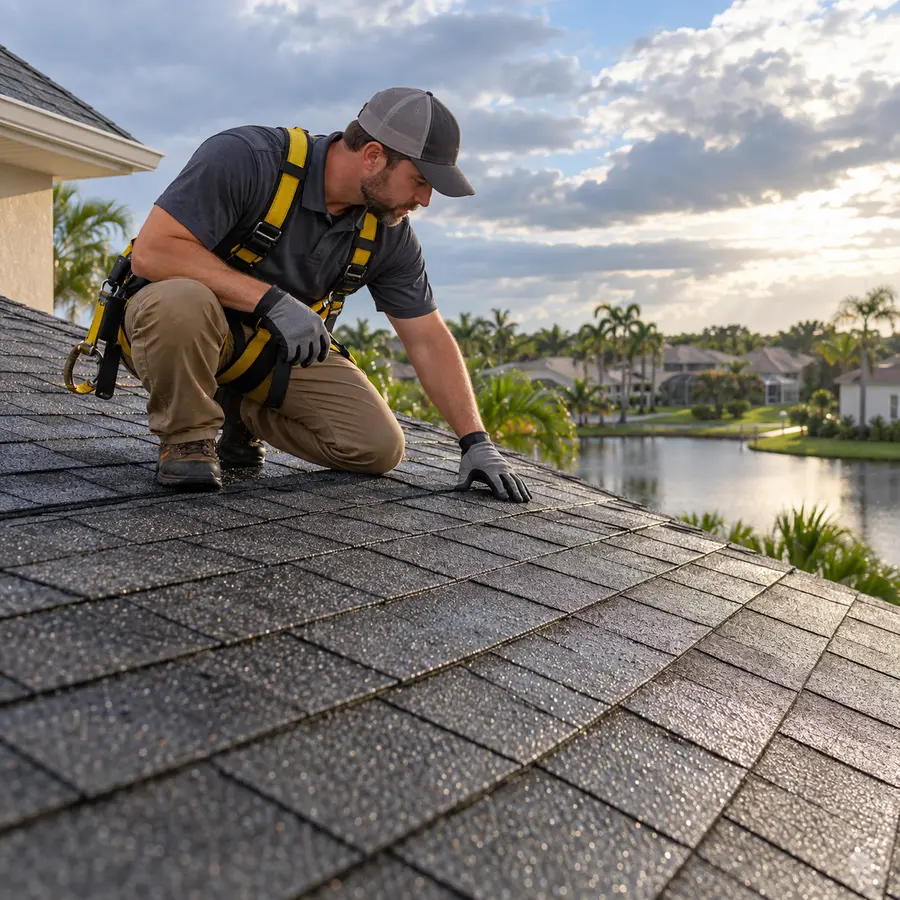 Roofing professional inspecting a residential roof
