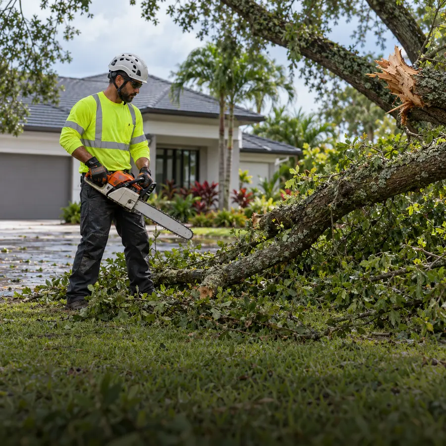 Tree service professional handling a storm-damaged limb