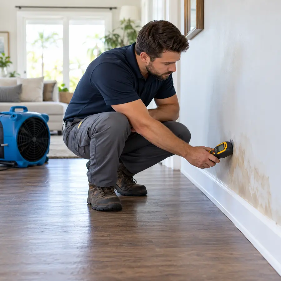 Water restoration professional checking a wall for moisture